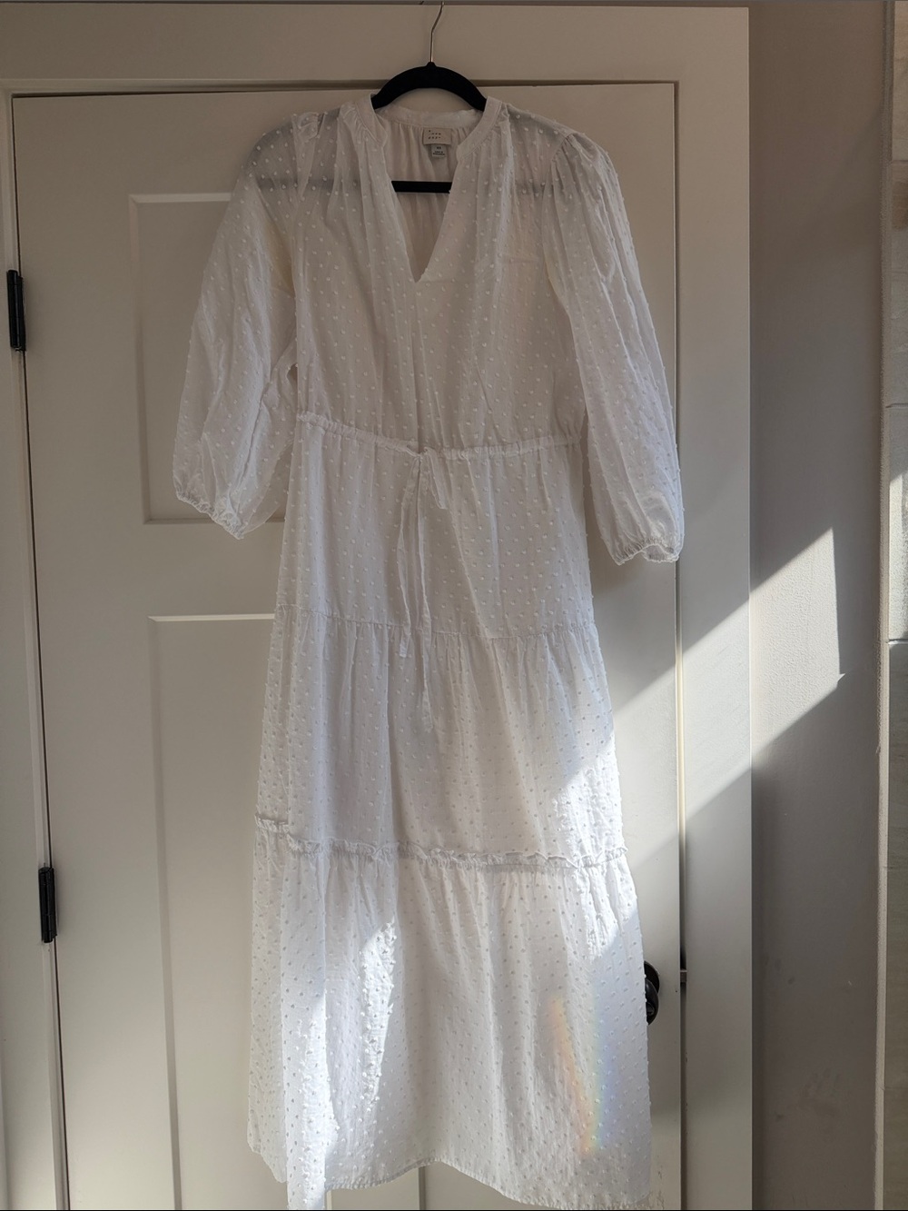 XS White Swiss Dot Tiered Midi Dress